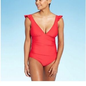 Women's Ruffle Shoulder High Coverage One Piece Swimsuit Red medium